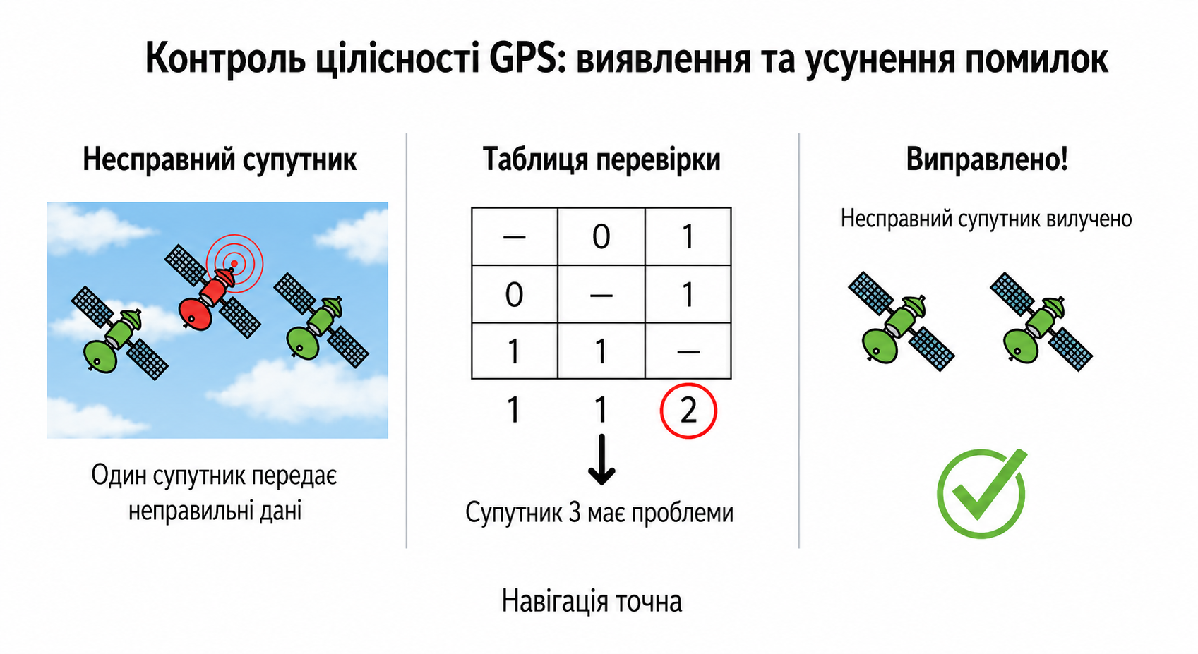 Схема процесу контролю цілісності GPS, що показує, як аналіз матриці взаємної перевірки допомагає виявляти несправні супутники