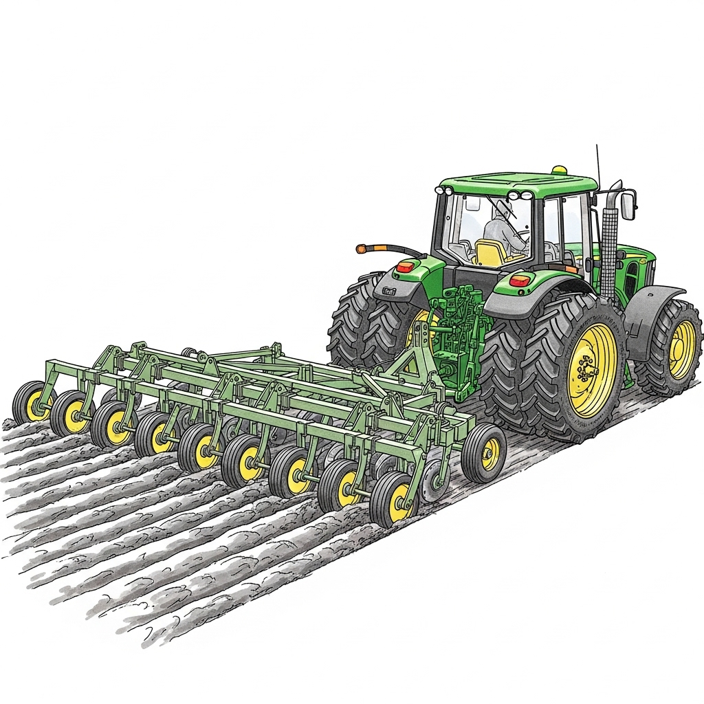Трактор John Deere з багатосекційним плугом як аналогія архітектури інформаційного концентратора