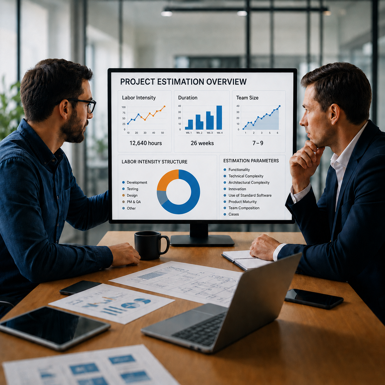 Two professionals reviewing a software project estimation dashboard showing labor intensity, duration, and team size metrics